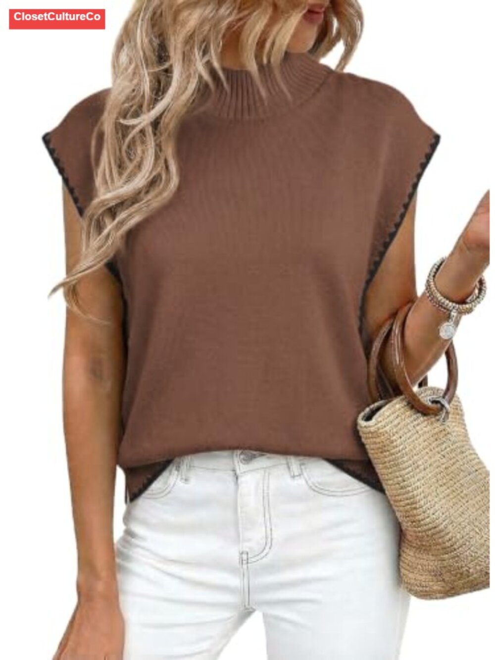Womens Sleeveless Turtleneck Sweater Vest Contrast Trim Cap Sleeve Knit Pullover